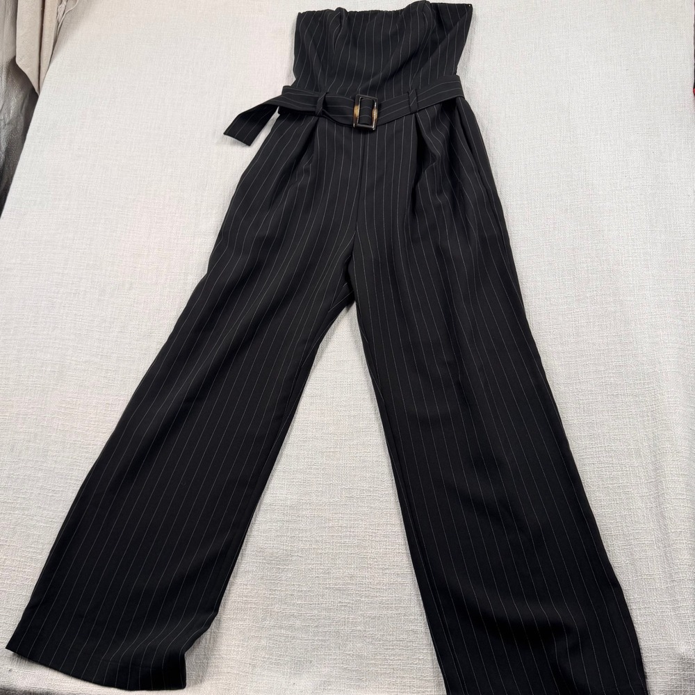Black Pinstripe Strapless Wide Leg Jumpsuit with Belted Waist Smocked Back Sze S - Picture 2 of 11